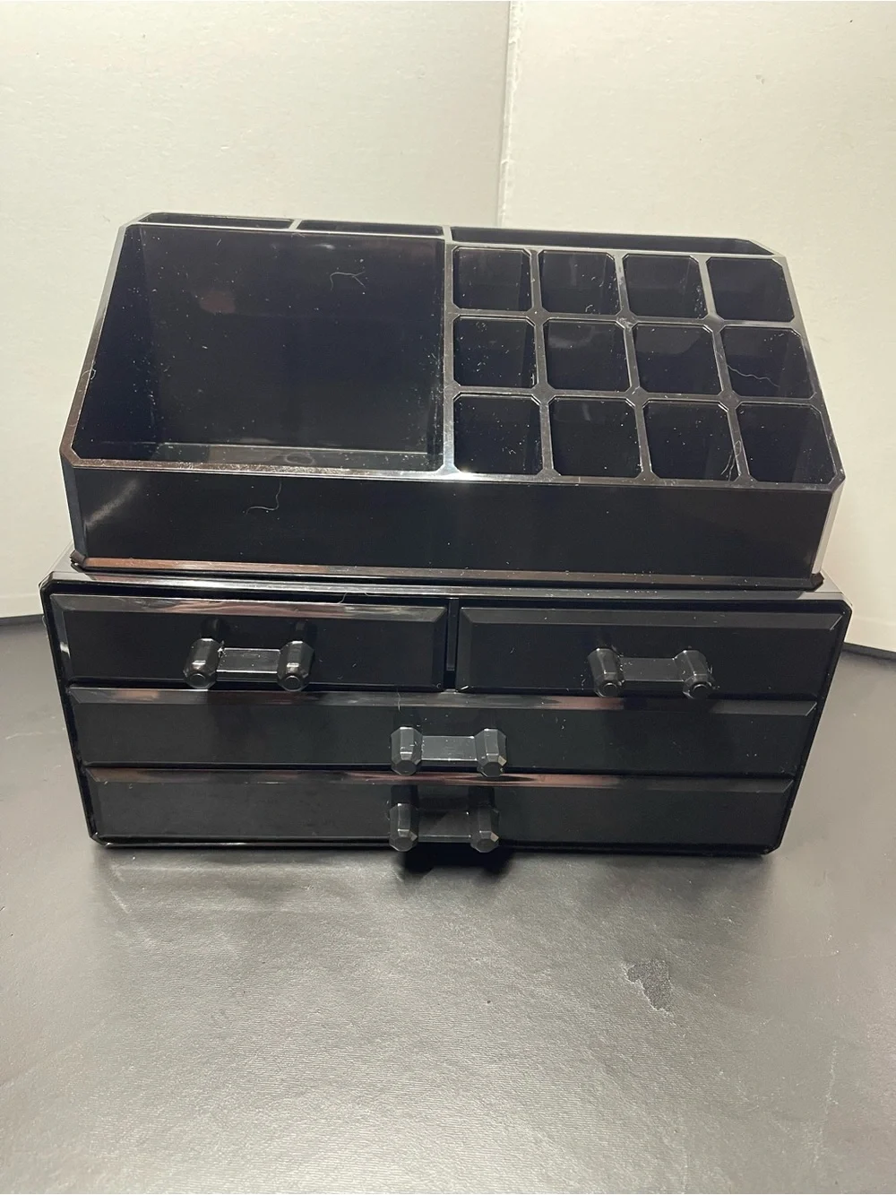 Black Modular Makeup Organizer with Multiple Drawers and Top Compartments